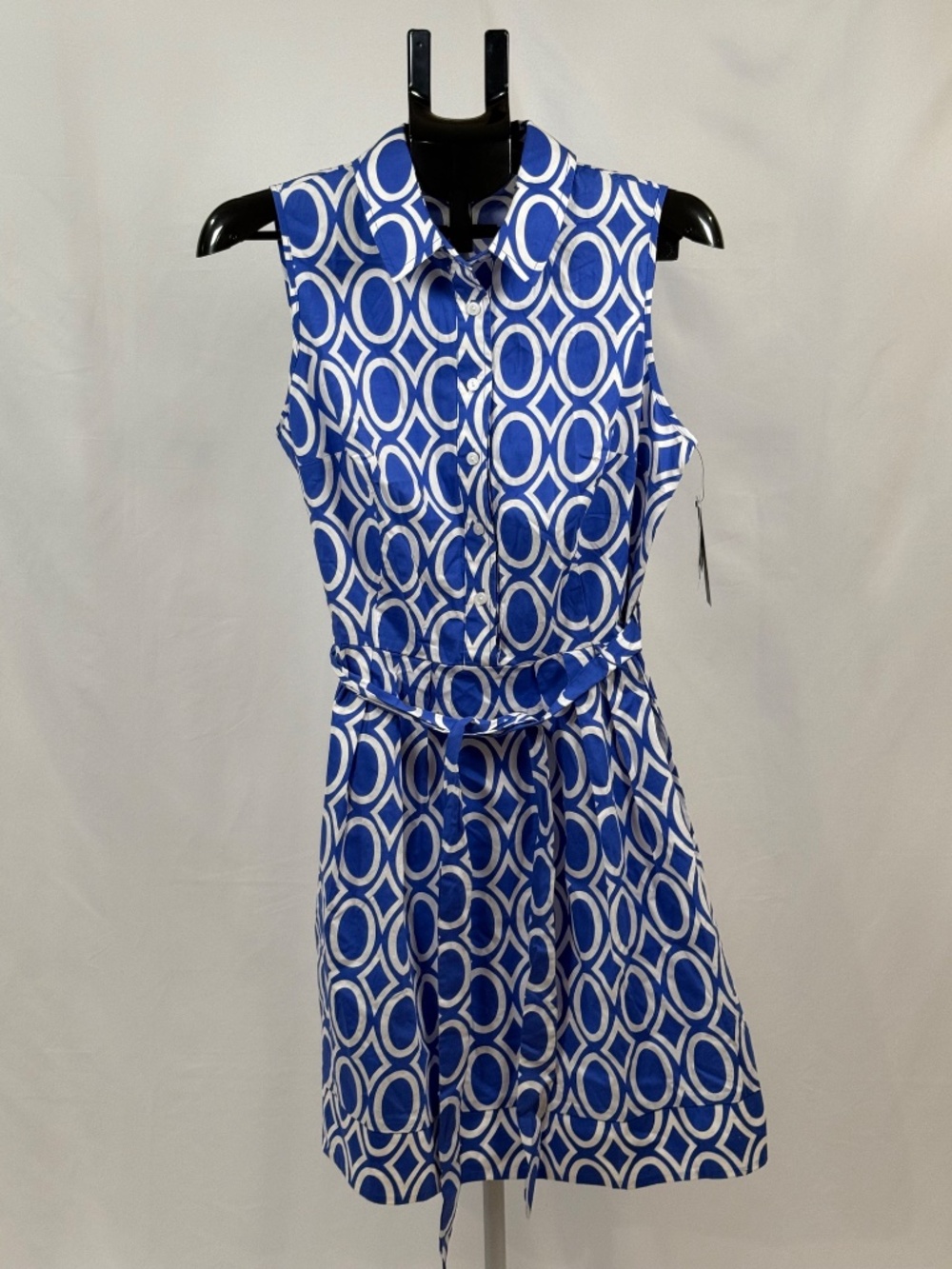 Blue White Geometric Shirt Dress Women’s Size 14 Belted Preppy Coastal Summer